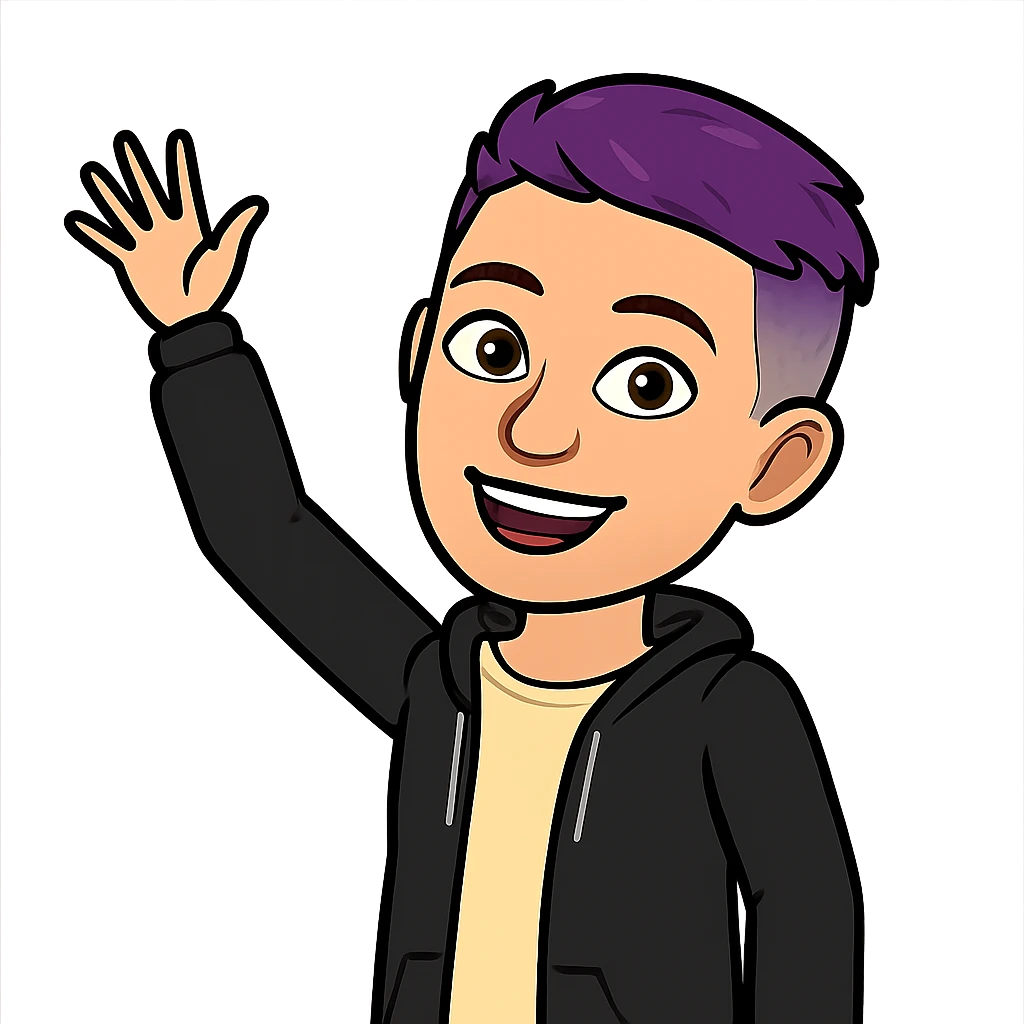 bitmoji style non-binary person with short purple hair, smiling and waving, cheerful expression emoji