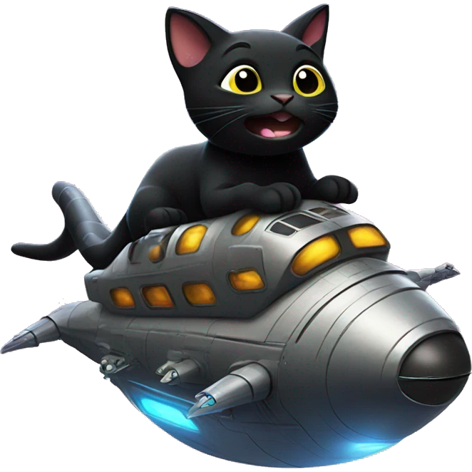 Black cat riding a spaceship onto a planet of dinosaurs  emoji