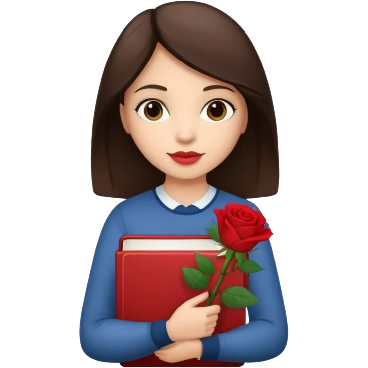 Brunette holds a stack of books + flower emoji