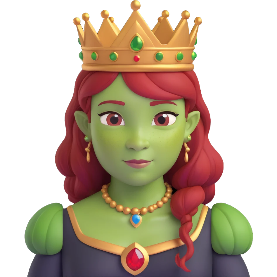 Princess Fiona as a classic fairytale princess, green ogre, red hair, wearing a crown emoji