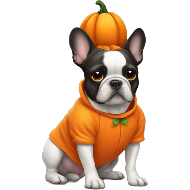 Frenchie wearing pumpkin costume emoji