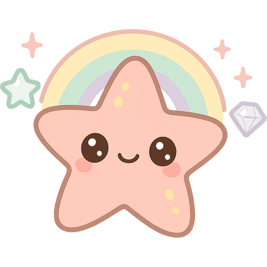 kawaii sea star, pastel rainbow, glittery, big eyes, shiny gems emoji