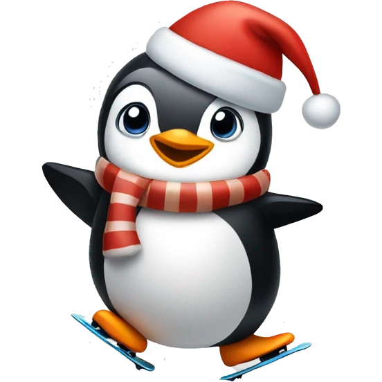 Penguin wearing Christmas hat skating emoji