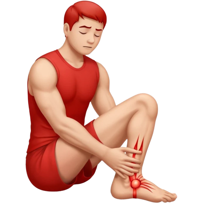 Man holding his foot in pain, muscle cramp in feet, red pain highlight on foot, simple medical emoji style, clean background emoji