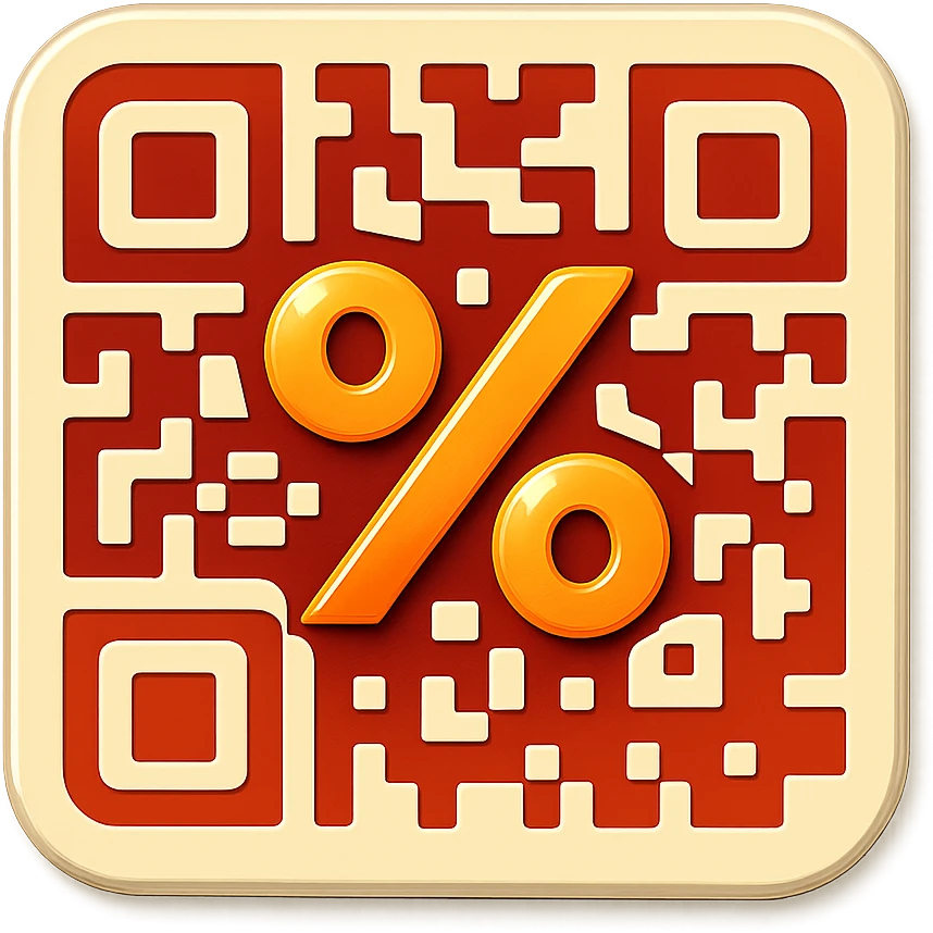 badge featuring a QR code that integrates a large percent sign (%) within it emoji