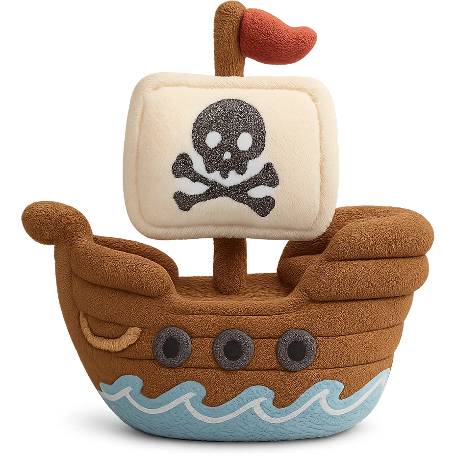A cute stuffed pirate ship with fuzzy texture, embroidered waves at the base, tiny fabric cannons, and stitched rope details emoji