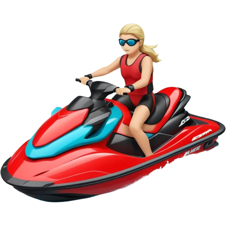 jet ski (red black and white all in the same amount. maybe a red a bit more dominant) on the sea. show the sea under the jet ski - blue with turquoise. no sky - white background instead. DO NOT REMOVE THE SEA AND THE WHITE WHEN FINALIZING!  NO ONE IS ON THE JET SKI  emoji