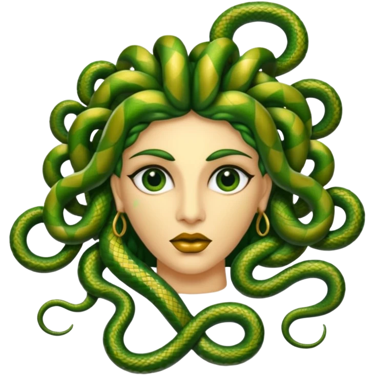 The Sicilian Medusa in gold and green and make the snake hair have snake faces  emoji