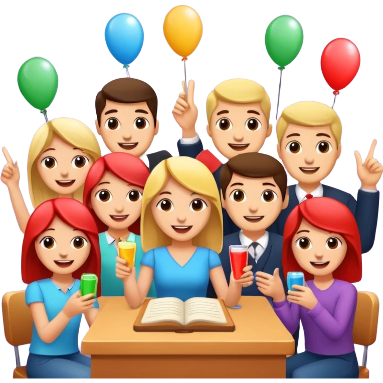 Party quiz with happy people no phone writing blocks emoji