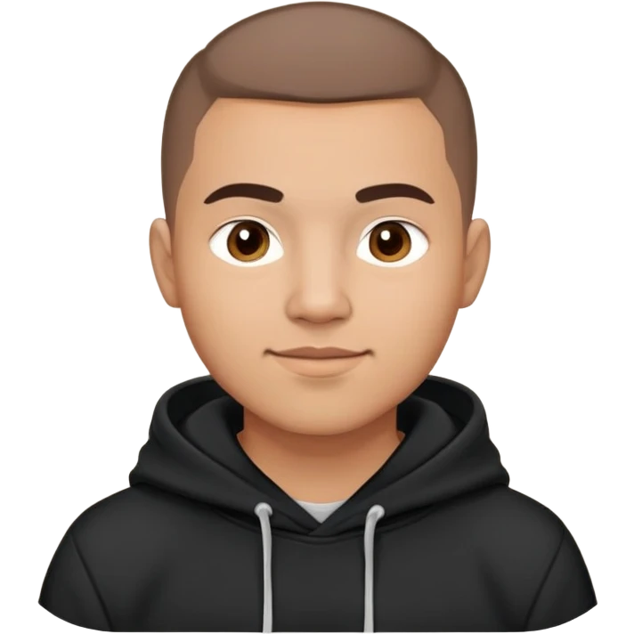 Latino man with light brown warm skin, round face, full cheeks, soft jaw, slight friendly smile, very very short almost buzz cut hair, medium eyebrows, medium eyes, straight nose, medium lips, wearing black hoodie with white logo, practical and hardworking vibe emoji