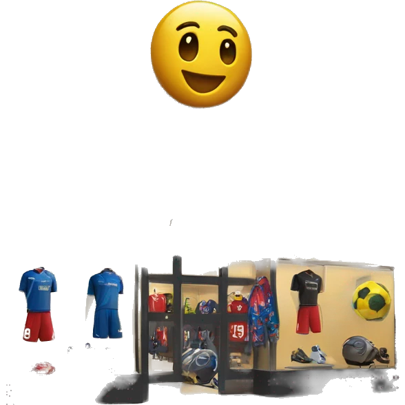 “Soccer store exterior with bold signage, large windows showcasing football gear, jerseys, and accessories, and a dynamic, athletic design reflecting the energy of the sport.” emoji