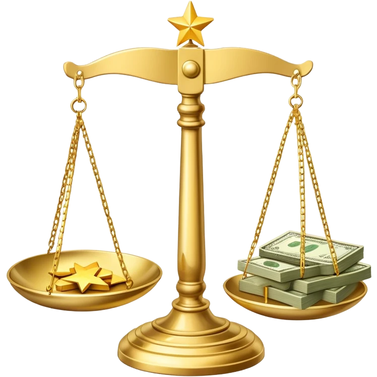 A shiny gold balance scale with dollar bills on the left side and three stars on the right side emoji