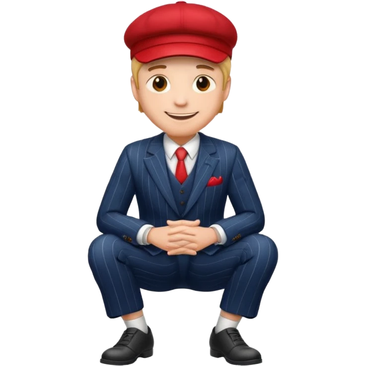 smiling man in a pinstripe suit and red cap, sitting with legs crossed, emoji style emoji