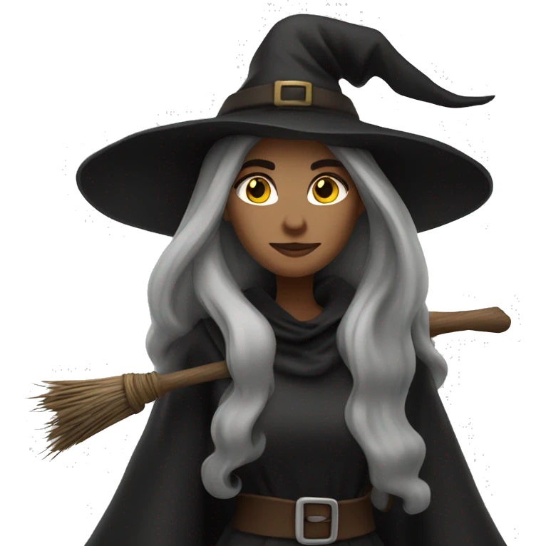 witch on a broom dark long hair white skin emoji
