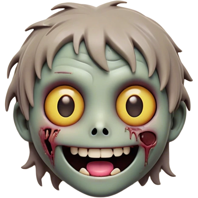 Cinematic Cute Zombie Portrait Emoji, with a delightfully quirky, slightly disheveled face in muted ashen hues, featuring quirky bright eyes and a playful, stitched-together smile, simplified yet irresistibly charming, highly detailed with a soft glowing outline that captures the adorable, offbeat spirit of a zombie who’s more cute than creepy! emoji