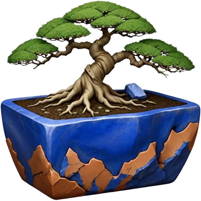 Aged two toned lapis blue terracotta Roots Stoneware akadama moss on soil irregular angular Stone Age rocks cracked crags and broken rough edges forming a very shallow Yixing bonsai pot emoji