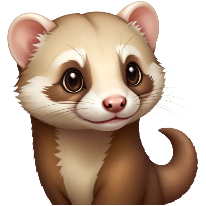 Cinematic Cute Ferret Portrait Emoji, Head tilted playfully, with an elongated, flexible body and a characteristically curious expression, featuring a short, pointed snout, bright, sparkling eyes, and soft fur in warm brown and cream tones, Simplified yet irresistibly adorable features, highly detailed, glowing with a warm, friendly glow, high shine, affectionate and lively, stylized with a touch of whimsical mischief, soft glowing outline, capturing the essence of a fun-loving and mischievous ferret that feels like it could scamper straight into your heart! emoji