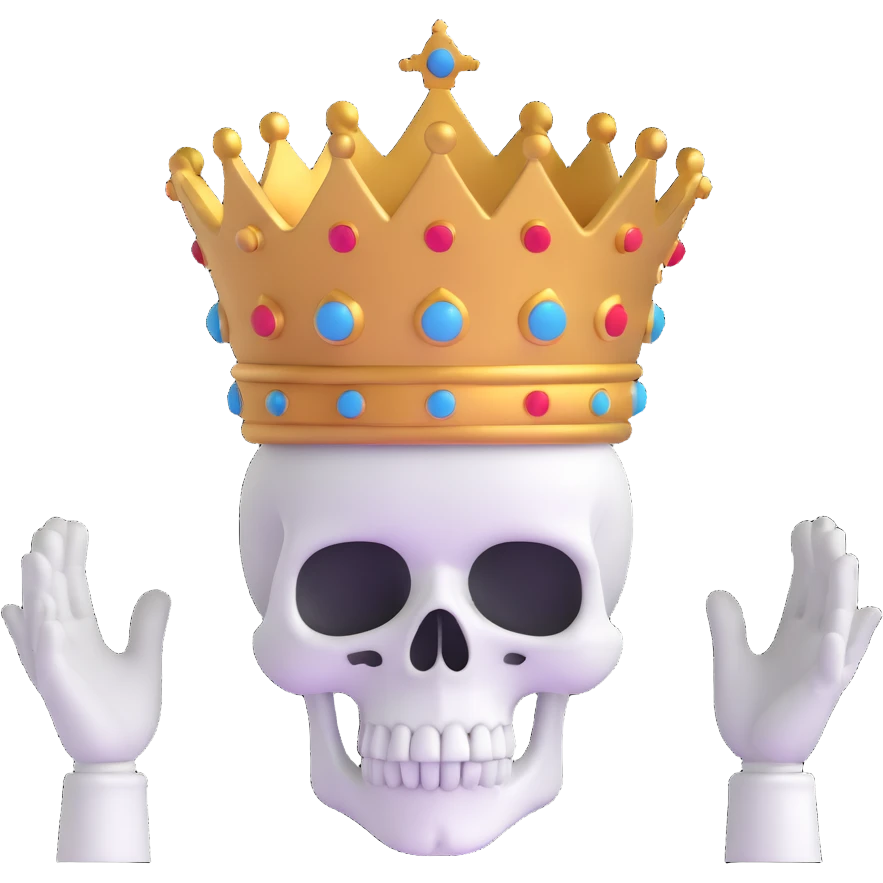 A shocked skull with a crown on top, both hands raised pressing on its head in disbelief, black and white emoji