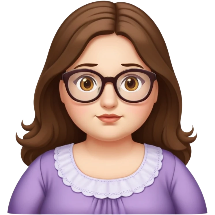  woman, long brown hair, very fair skin, feminine, hazel eyes, glasses, very chubby emoji