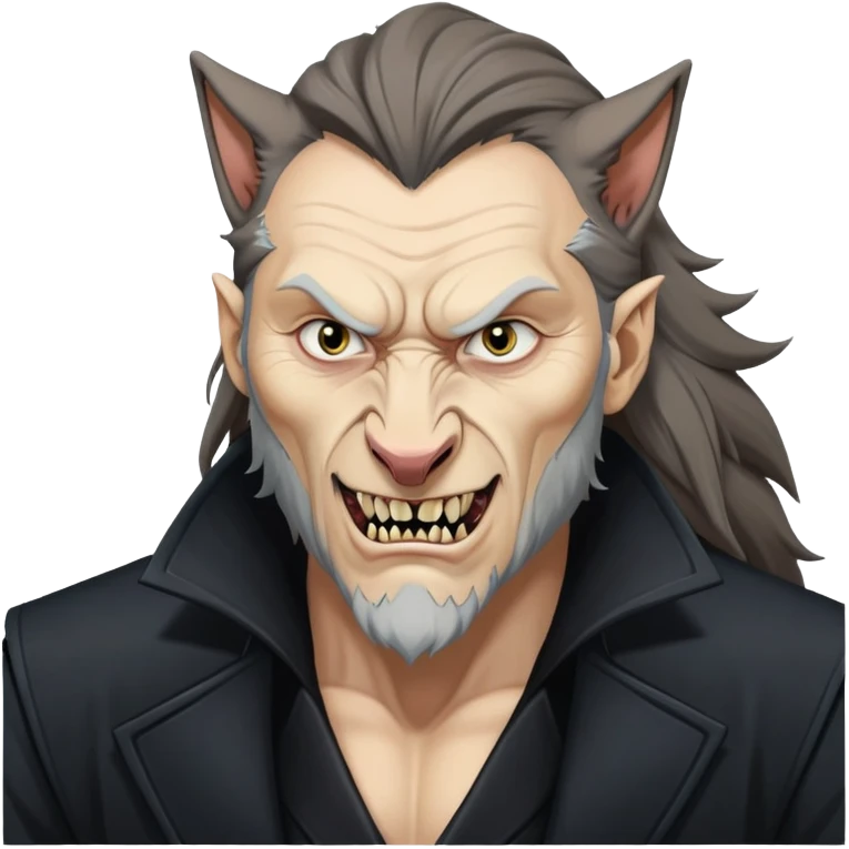 Fenrir Greyback in harry potter, black open chest coat, wolf face, pointed ear, bared teeth emoji