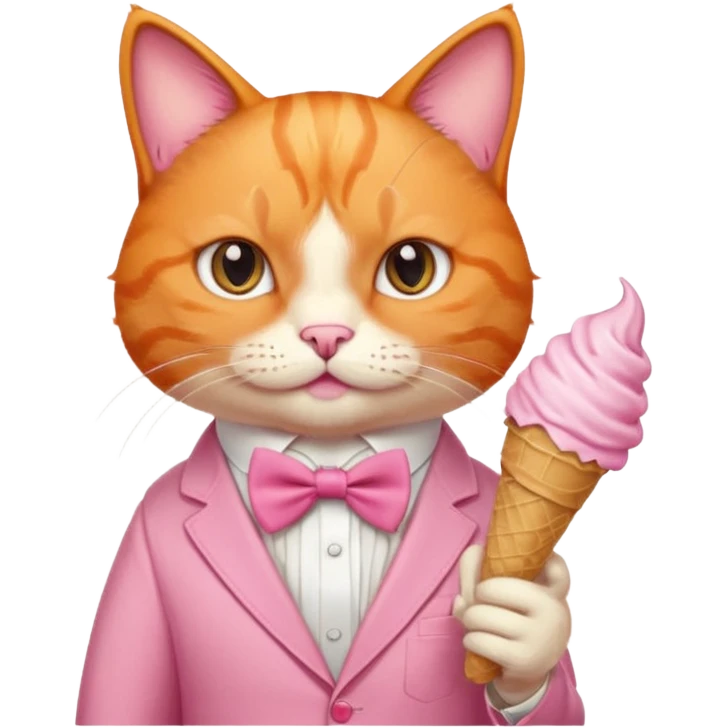 گربه ای نارنجی که لباس و پاپیون صورتی تنشه و بستنی دستشه emoji