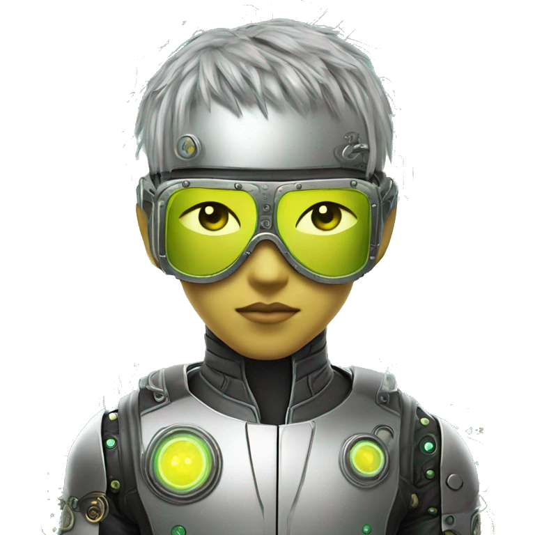 Neon yellow short hair Asian male cyborg head with silver steampunk goggles and circuits emoji