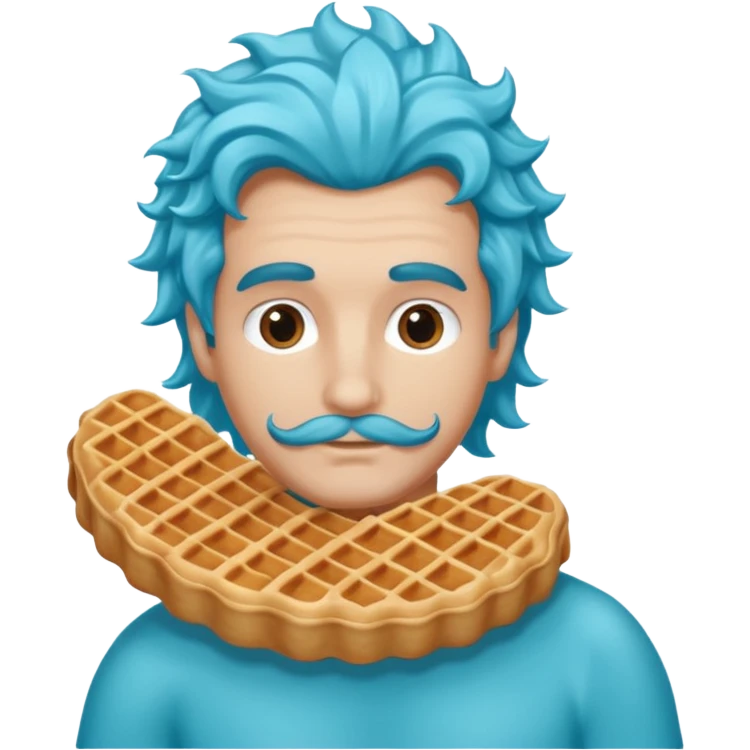 Crée un homme sirène avec une queue bleu turquoise et des long cheveux bouclé chatin en train de manger une gaufre  emoji