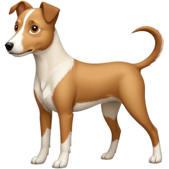 a full body large white parson russell looking dog the size of a kelpie with light brown flapped down ears and a light brown patch on one eye and a large snout emoji