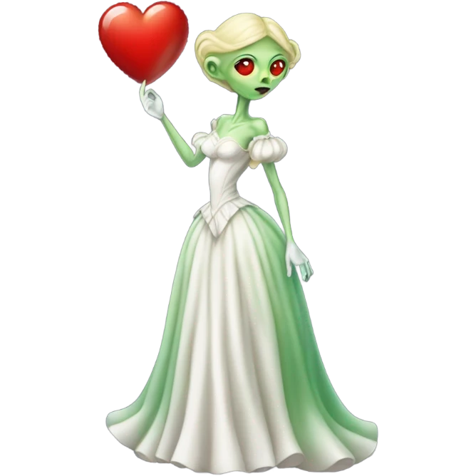 "galora green blonde alien woman" in white Victorian dress elegant, full body, holdig red big hearth emoji