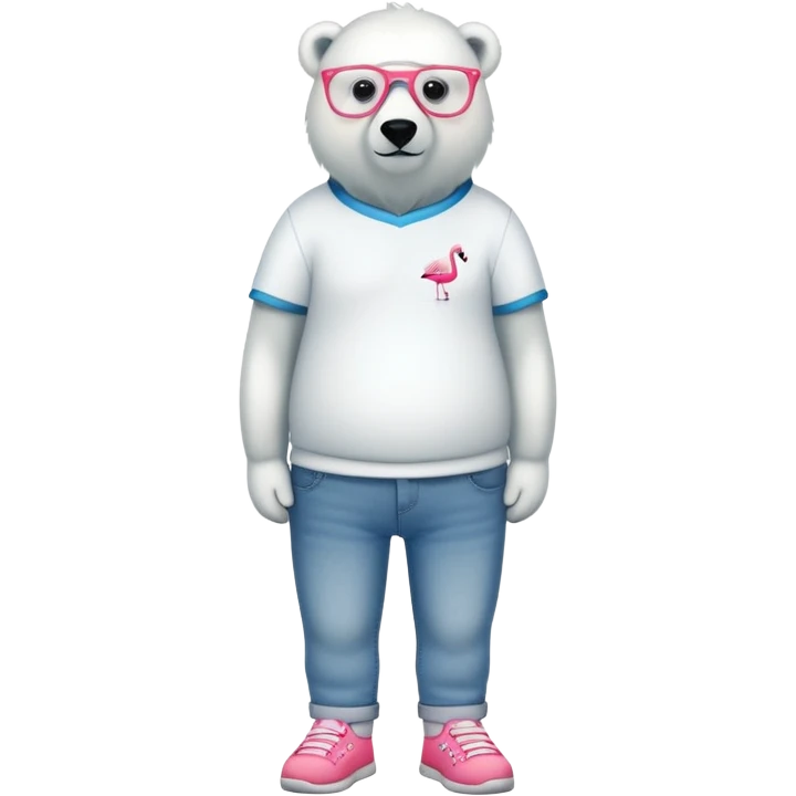 friendly anthropomorphised polar bear standing upright, chilled and unbothered, wearing a shirt, jeans, trainers, glasses with flamingo frame design emoji