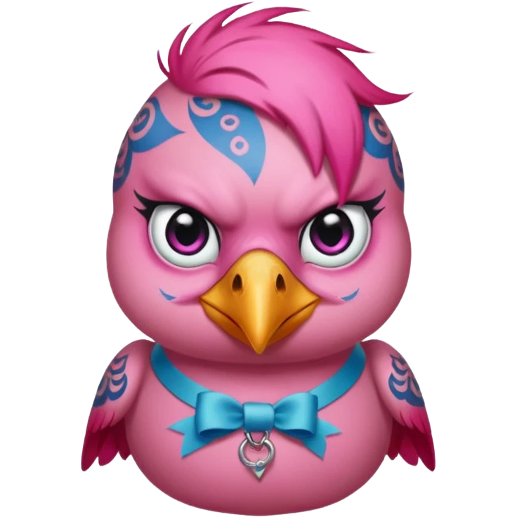pink bird with piercings and excessive face tattoos and ribbon two eyes emoji