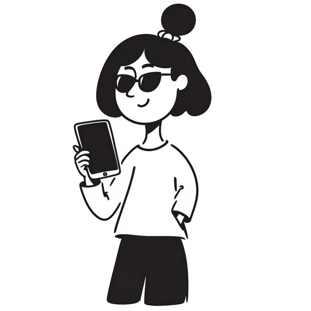 Girl with huge lips, sunglasses, bow on her hair, holding a phone with attitude emoji