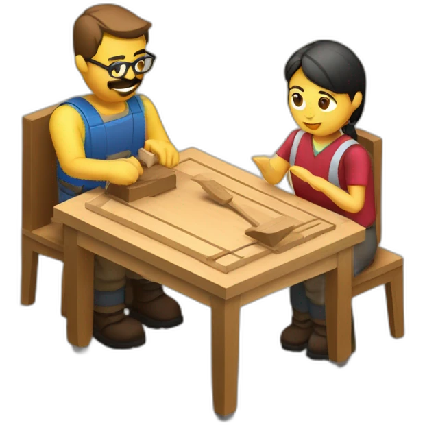 isometric woodworking teacher with student teaching emoji