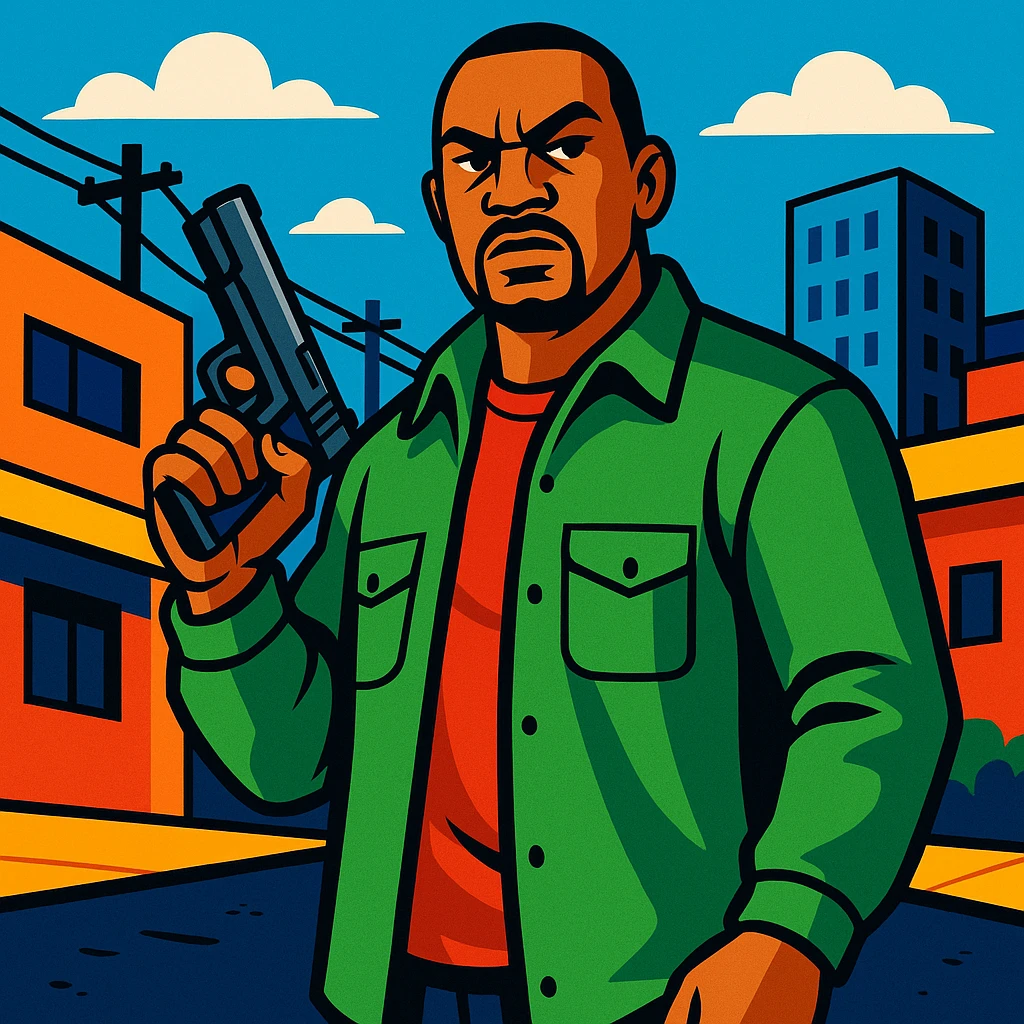 GTA-style character holding a gun, urban background, bold colors, tough expression emoji
