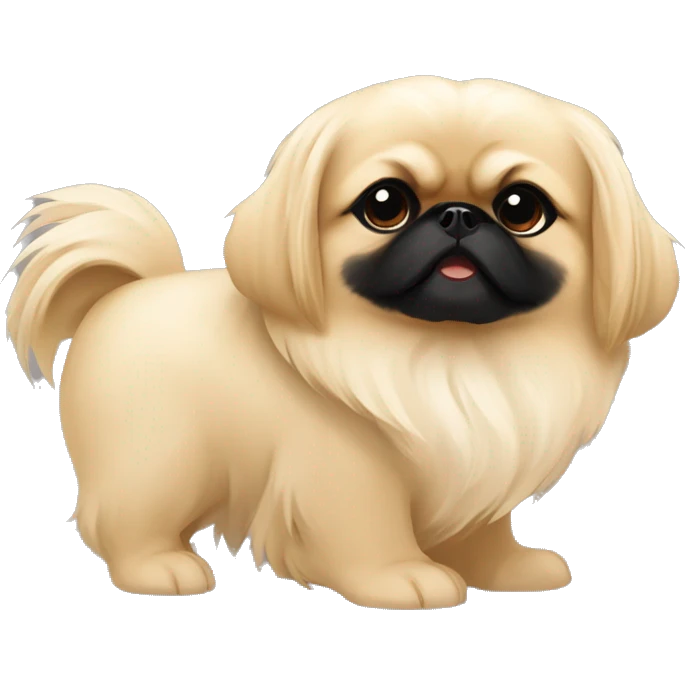 light beige pekingese with a black muzzle, hugged by a blonde girl with long hair emoji