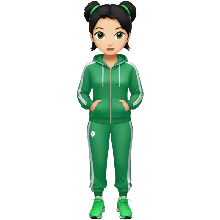 Cha Age: Late 40s
a woman with black hair tie, Green player tracksuit emoji