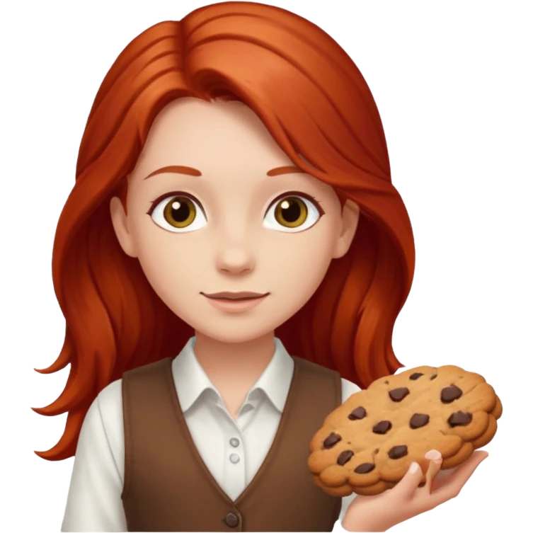white girl scout with red long hair selling cookies with a brown vest and white shirt under vest. She should be around 10 years old emoji