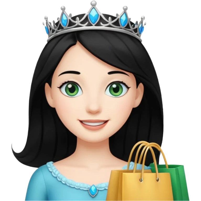 zadowlona czarnowłosa ksiezniczka z dlugimi wlosami i ma niebiesko zielone oczka jest zadowolona z zakupami emoji