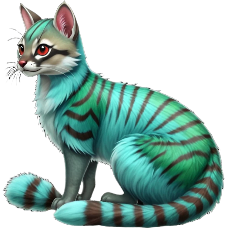 Colorful exotic shiny striped blue-cyan-green-gradients-colored fur coat with red markings tropical glorious iridescent divine exotic cute cool beautiful realistic caracal-civet-genet-sergal-vernid-Cacomistle-Trico-oncilla-animal-Fakémon-hybrid-fursona (full body) emoji