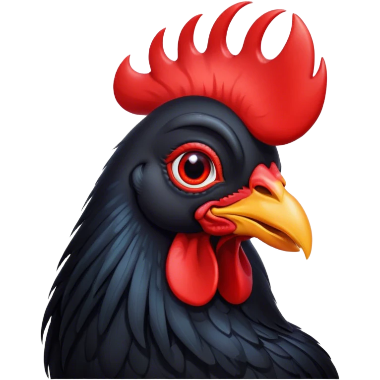 Cinematic Cute Black Rooster Portrait Emoji, Head tilted playfully and inquisitively, featuring a glossy, immaculate black plumage with a vibrant red comb, round, sparkling eyes filled with curiosity, Simplified yet irresistibly adorable features, highly detailed, glowing with a warm, friendly glow, high shine, affectionate and spirited, stylized with a touch of farmyard whimsy, bright and endearing, soft glowing outline, capturing the essence of a mischievous yet loving rooster, so playful it feels like it could strut out of the screen and into your arms! emoji