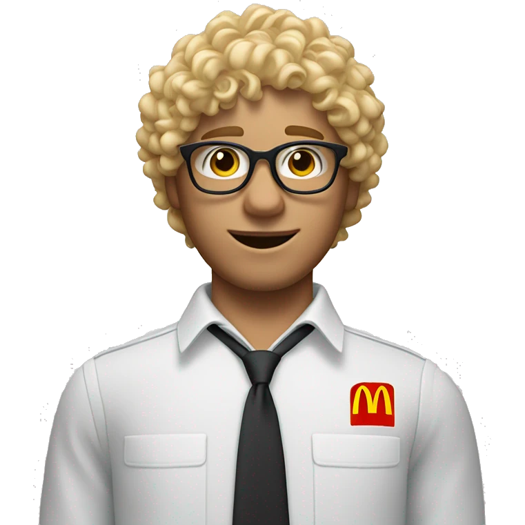 blonde curly hair man with acne and glasses in mcdonald’s uniform and wearing mcdonald hat emoji