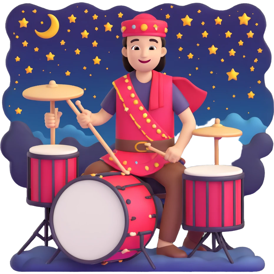 cheerful drummer with a sahur drum, night sky emoji
