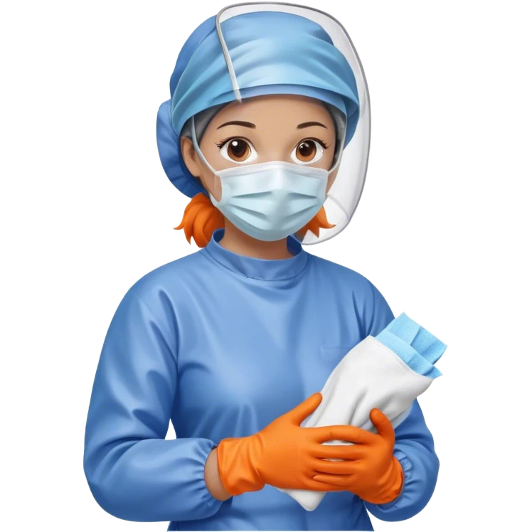 A meticulous cleanroom worker dressed in full protective gear, including a blue sterile suit, a face mask,  and orange gloves.  wipe  in her hand. emoji