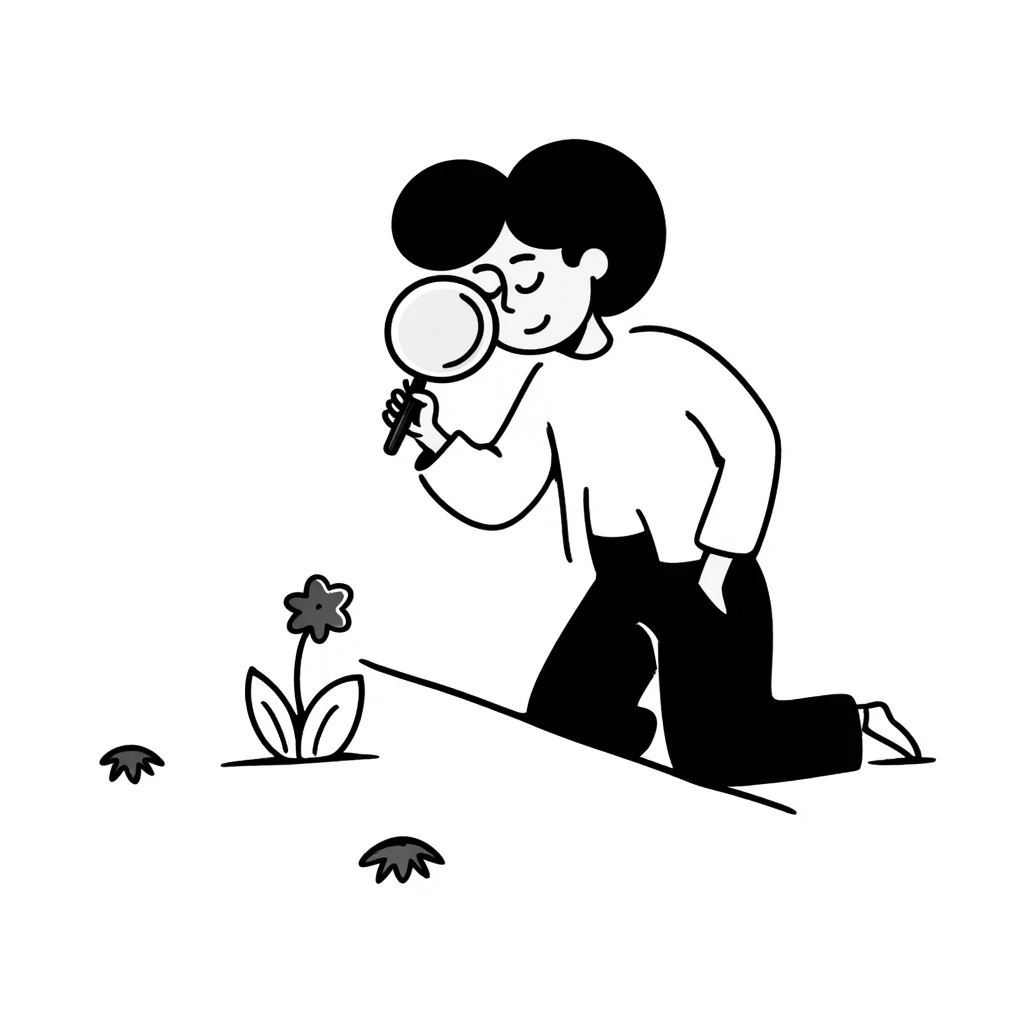 A hand-drawn person looking through a magnifying glass emoji