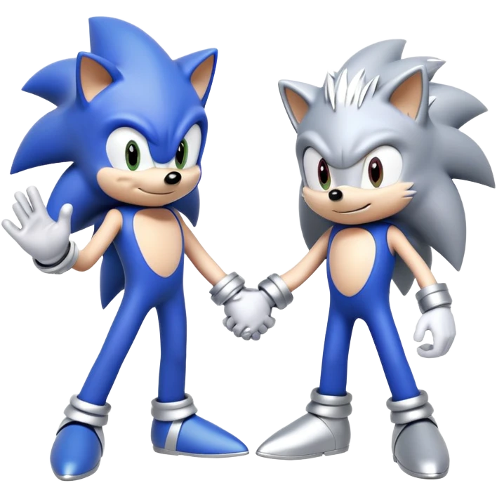 Blue Sonic the Hedgehog and silver-colored Silver the Hedgehog holding hands together side by side emoji