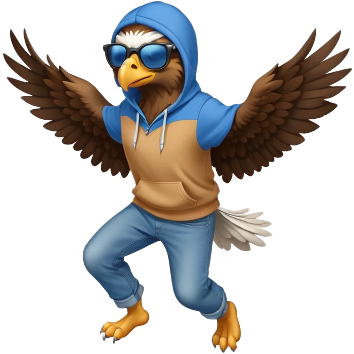friendly anthropomorphised eagle with arms in a hoodie and jeans jumping and wearing sunglasses emoji