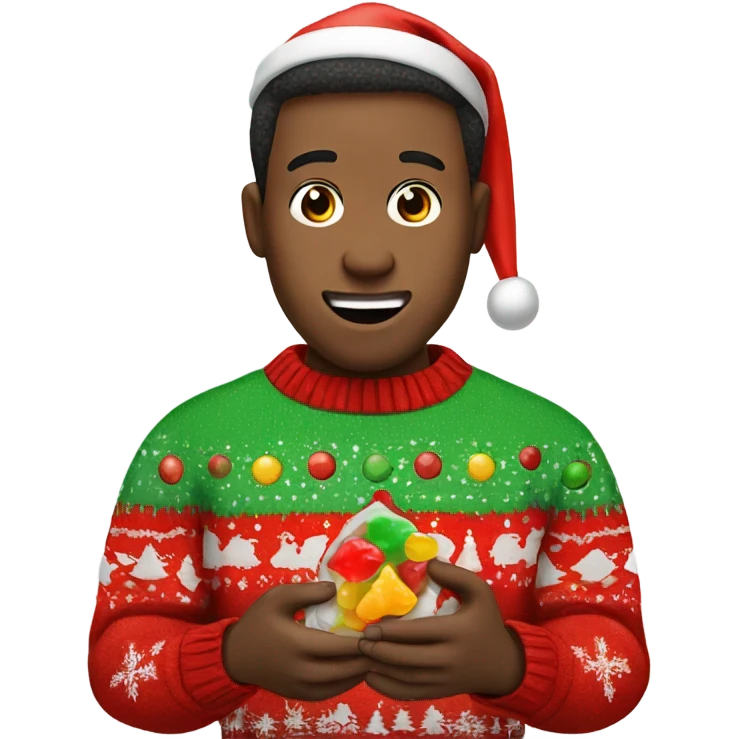 Guy in Christmas sweater eating a gummy emoji