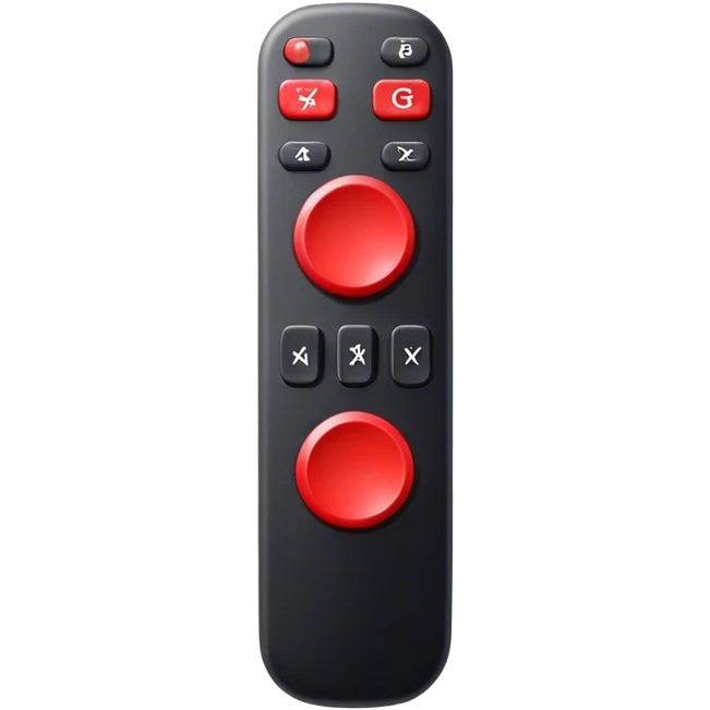 one black tv remote control with red border,  2Dimensions. Only 5 buttons, 4 in black and one big red button in the center emoji