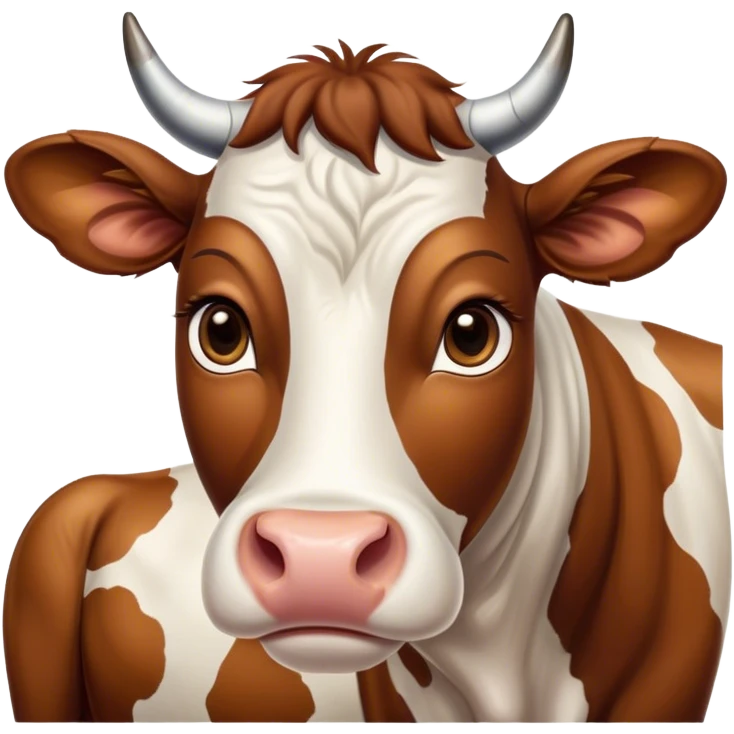 Cinematic Noble Brown and White Cow Portrait Emoji, Poised and regal, with a large, sturdy build and a beautifully patterned hide of rich brown accented by crisp white patches, deep-set soulful brown eyes, Simplified yet sharp and sophisticated features, highly detailed, glowing with a soft, dignified glow, high shine, intelligent and calm, stylized with an air of pastoral majesty, focused and attentive, soft glowing outline, capturing the essence of a watchful and confident bovine guardian, so majestic it feels as though it could amble out of the screen with effortless authority! emoji