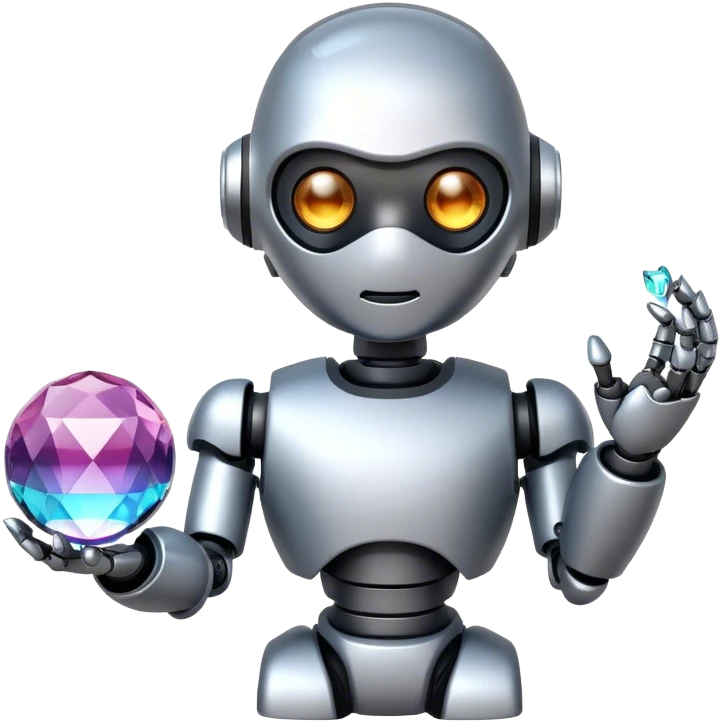 a cute robot holds a crystal ball emoji